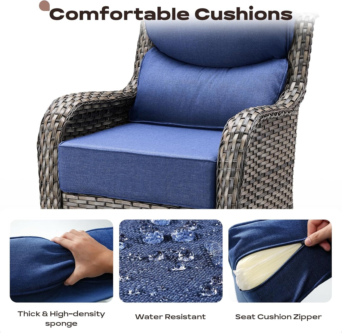 6 Piece Outdoor Patio Swivel Rocker Chairs, Waterproof Wicker, High Back, Deep Seating, Wide Armrest, Upgraded 6 inch Thick Cushions, Side Table, Ideal for Deck Porch Yard, Mixed Grey/Blue