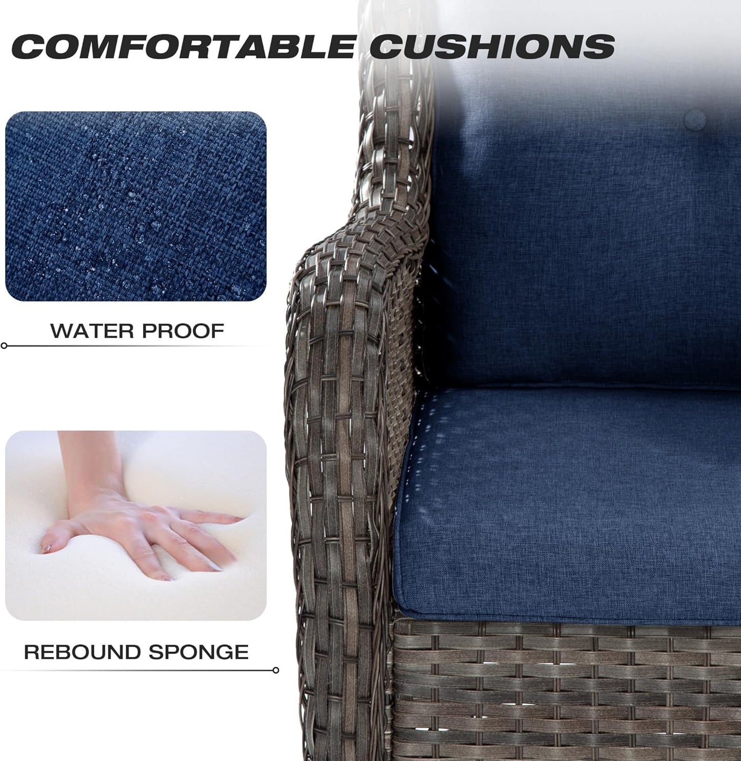 Joyside Outdoor Swivel Rocker Patio Chair and Matching Side Table - 2-Piece Wicker Patio Bistro Set with Premium Fabric Cushions (Brown Mixed with Grey/Blue)