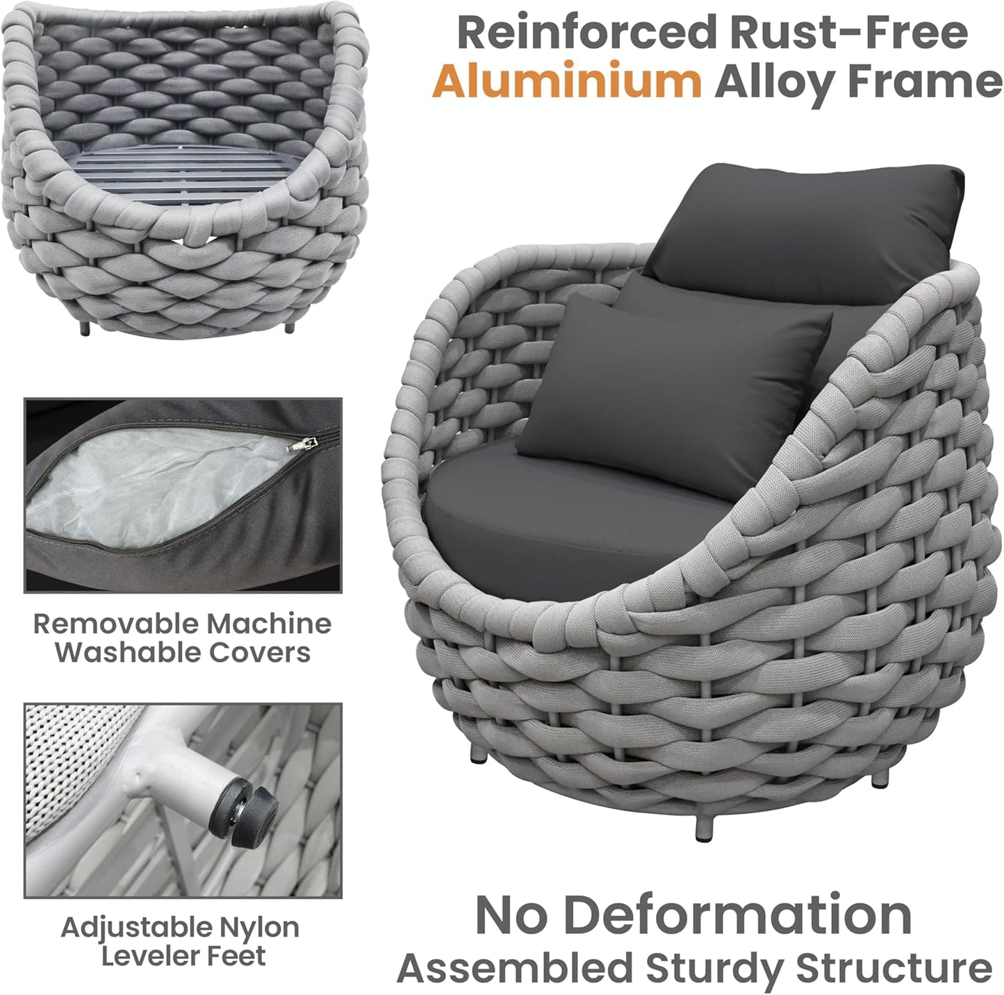 4 Pieces Courtyard Seating Set: Aluminum Woven Rope Patio Furniture Chair Set - All Weather Metal Outdoor Conversation Set - Assembled Armchair w/Table for Bistro Deck Porch Balcony Pool Hotel