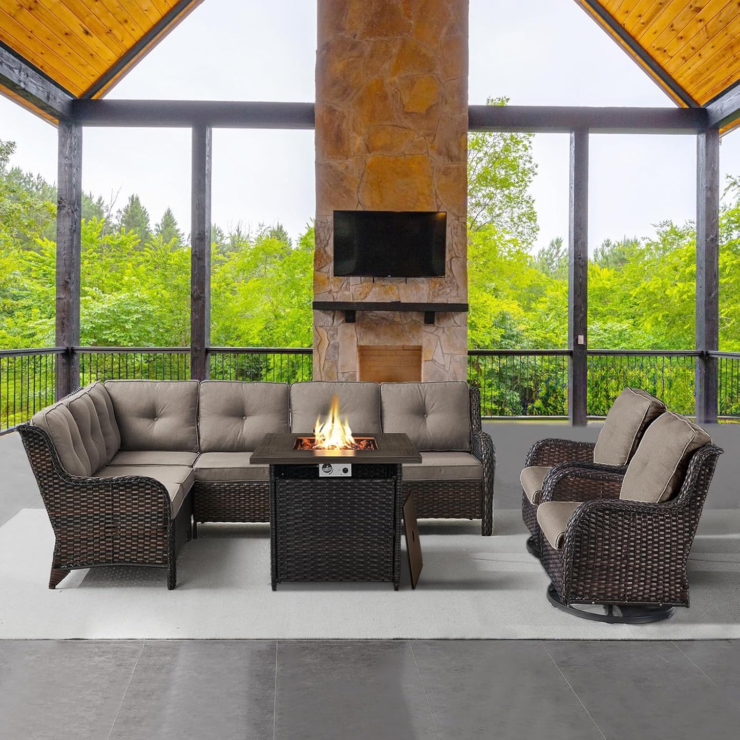 Outdoor Sectional Sofa Furniture Set with Propane Fire Pit Table, Wicker Patio Conversation Set with 2 Swivel Glider Rocker Chairs Grey Cushion Perfect for Backyard Casual Gathering