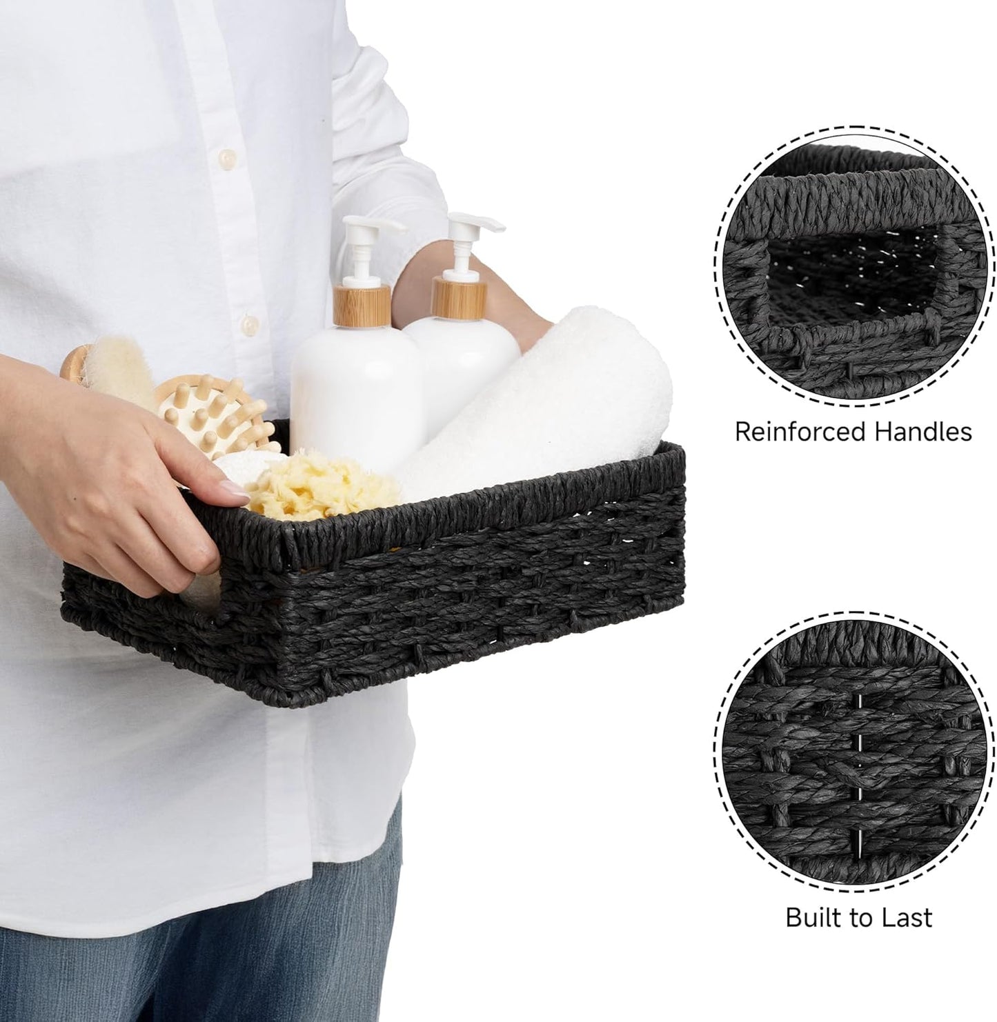 StorageWorks Small, Pantry Baskets, Wicker Storage Baskets for Organizing, Bathroom Shelves, Pantry Organizers and Storage, Black, 2-Pack
