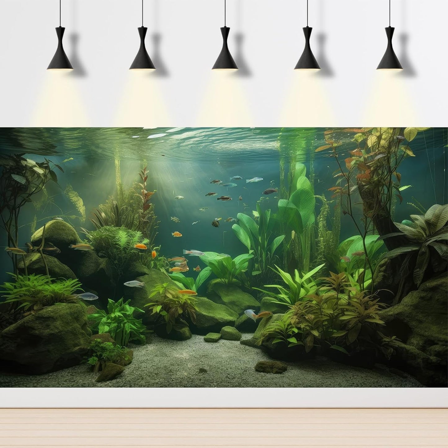 Under The Sea Aquarium Background Underwater Aquatic Plants Fish Tank Background Tropical Fish Rock with Moss Terrarium Background Undersea Green Grass with Sunbeams Terrarium Background 30x18in