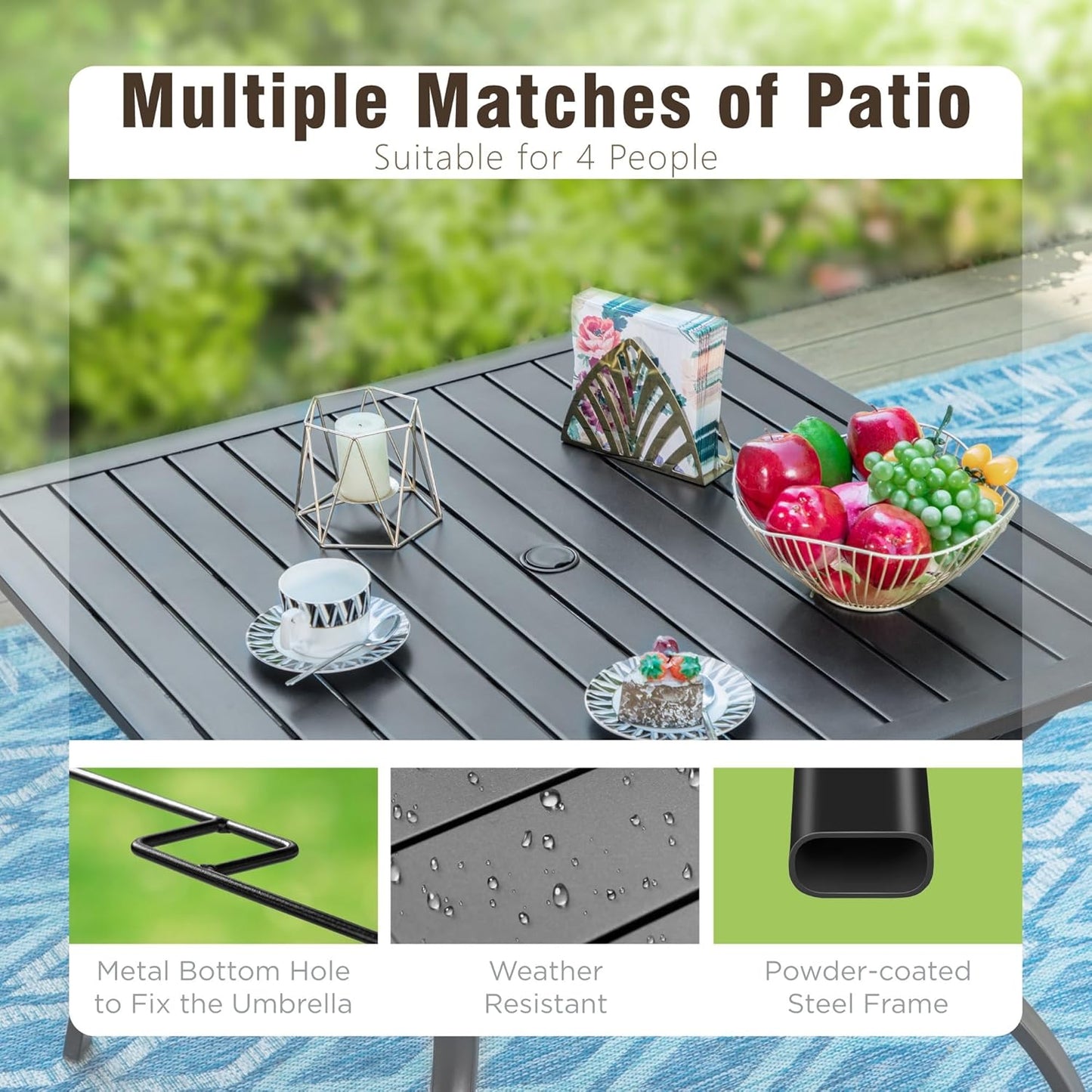 Outdoor Patio Square Dining Table, 37"x 37" Metal Slatted Tabletop with Adjustable Umbrella Hole for Deck Lawn Garden Backyard, Black