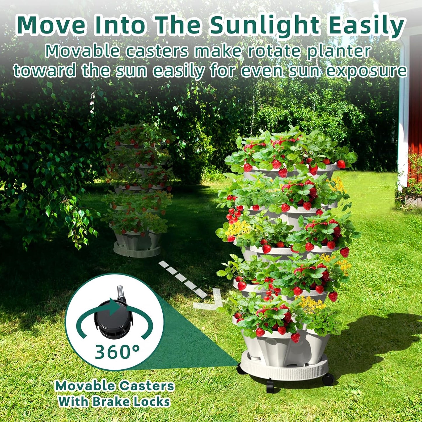 Strawberry Vertical Planters, 3 Tiered Stacking Tower Garden, Stackable Herb Vegetable Planters with Movable Casters and Bottom Saucer Indoor and Outdoor - White
