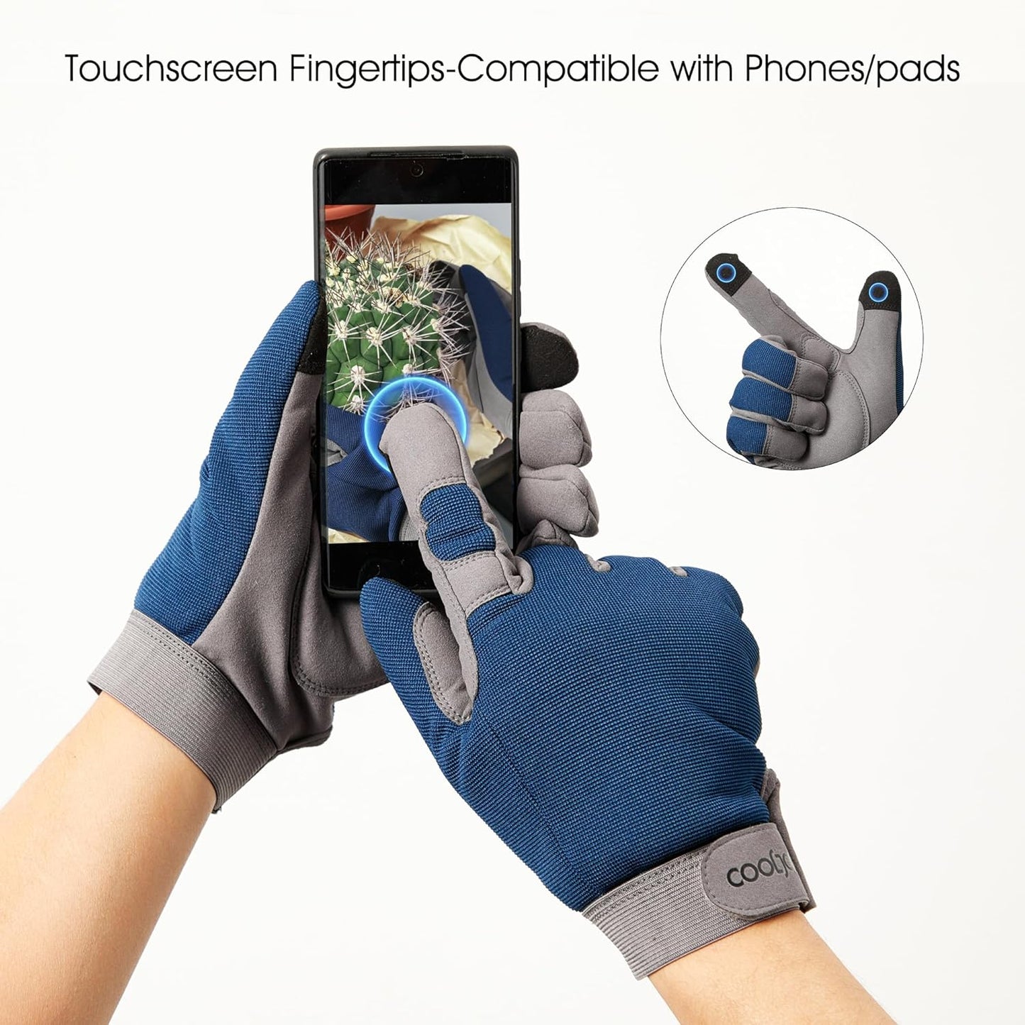 COOLJOB Thorn Proof Garden Gloves with Touchscreen Fingers for Men, Rose Pruning Work Gloves with Palm Cushion for Gardener, Farmer and Landscaper (Navy 1 Pair Medium)