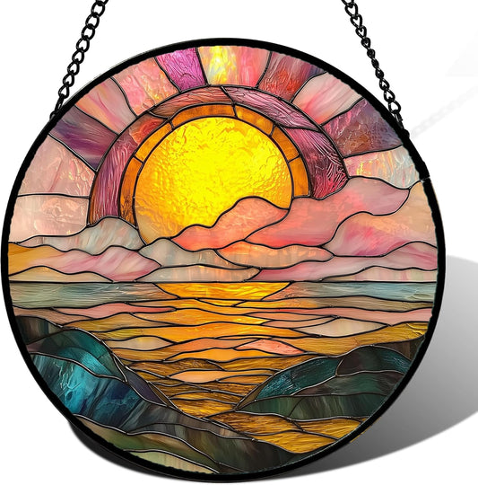Stained Glass Window Hanging, Sunrise Over The Sea Suncatcher Diamond Glass Panel Hangings Abstract Sun Catchers Decor for Birthday for Women, Men, Wife, Aunt, and Mom 14.9 in