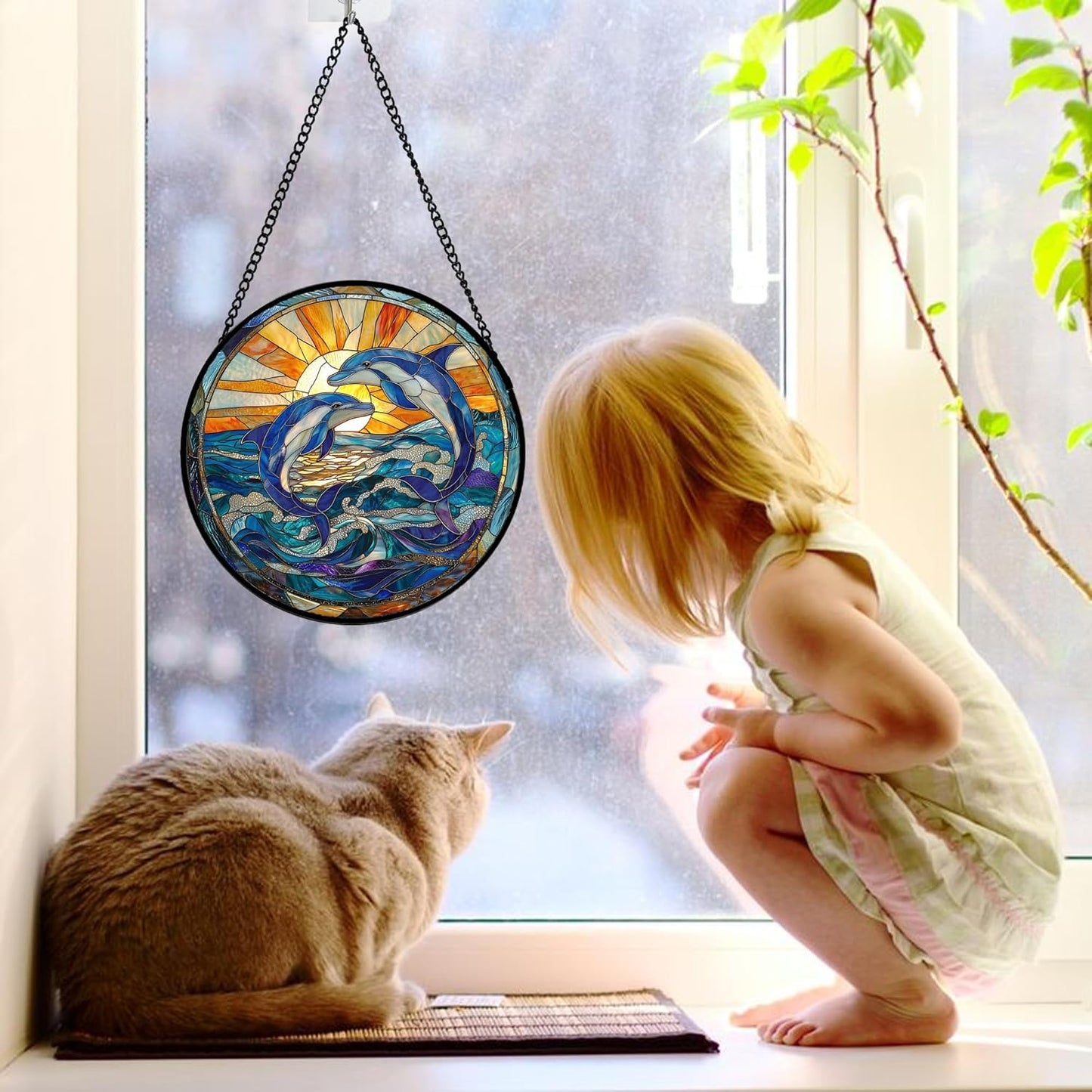 Stained Glass Window Hanging, Blue Dolphin Sun Catchers Colorful Glass Panel Sunrise Sea View Suncatcher Decor for Birthday for Women, Men, Wife, Aunt, and Mom 7.8 in
