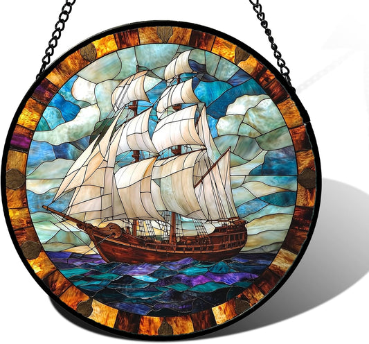 Stained Glass Window Hanging, Sailing Ocean Sun Catchers Glass Panel Navigation Suncatcher Decor for Birthday for Women, Men, Wife, Aunt, and Mom 11.8x11.8 in