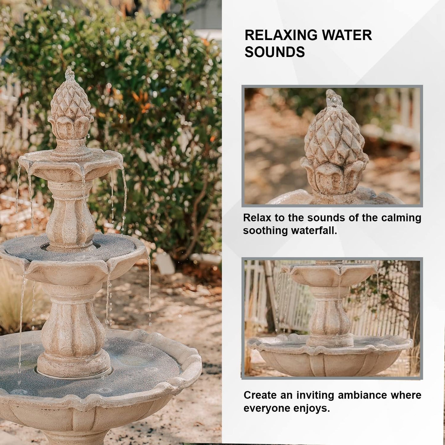 XBrand 3-Tier Freestanding Waterfall Fountain w/Pump & Pineapple Top, 51 Inch Tall, Beige, Large Outdoor Garden Fountain, Ideal for Garden, Porch, and Lawn