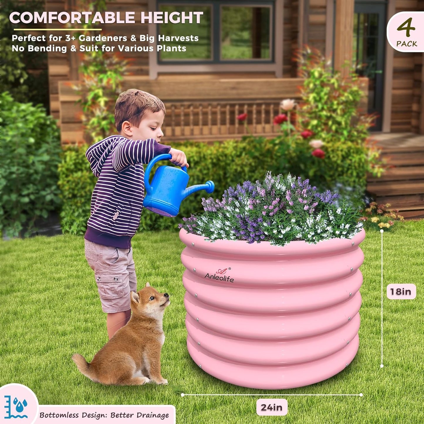A ANLEOLIFE Kids Raised Garden Beds Outdoor (4-Pack)-24x24x18in Round Galvanized Metal Planter Box for Planting Vegetables, Flowers, Fruits, Eco-Safe & Easy Setup, Blush Pink