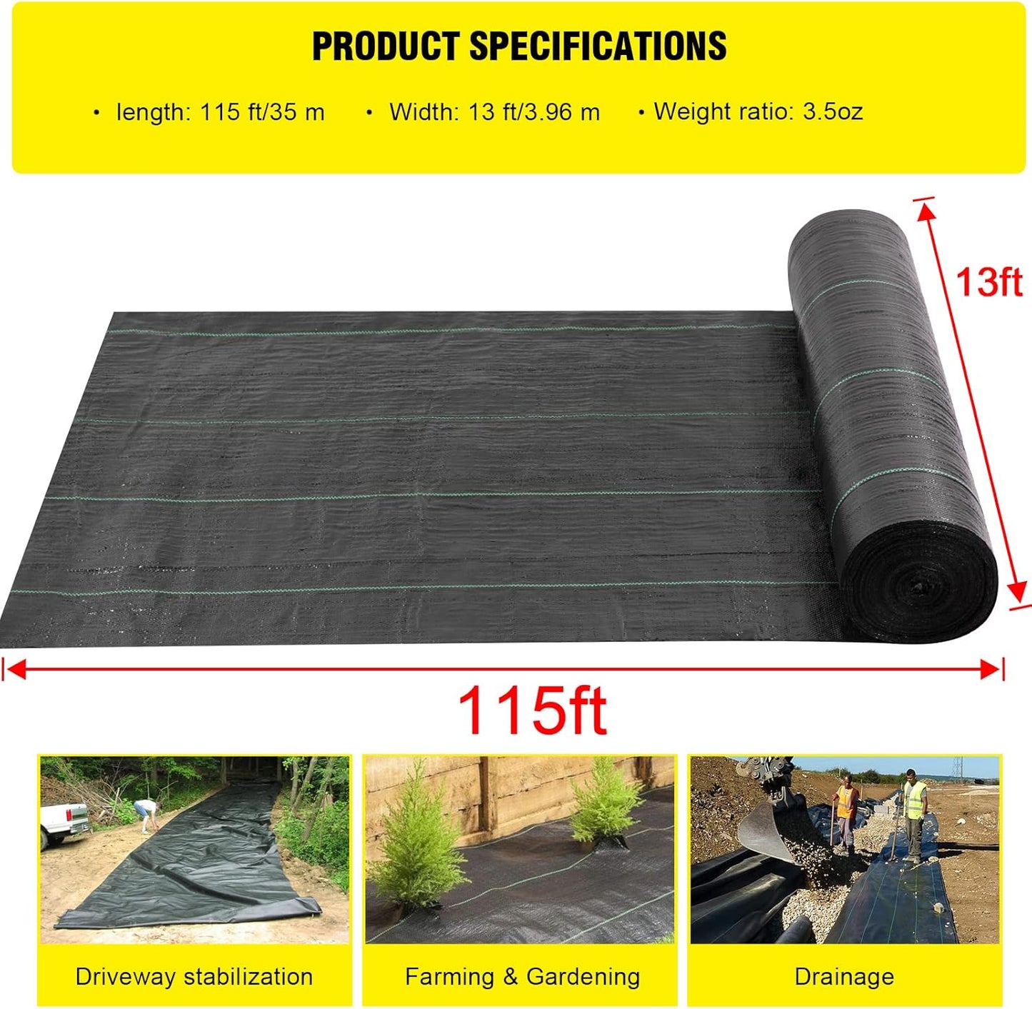 Doniks 13x115ft Driveway Fabric,3.5OZ Commercial Heavy Duty Weed Barrier Fabric, Garden Landscape Fabric,French Drain Fabric for Erosion Control,Landscape Fabric,Weed Barrier,Construction Projects