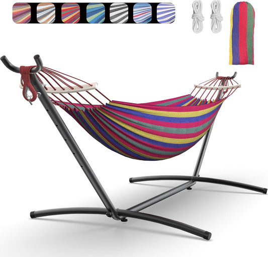 Double Hammock with Heavy-Duty Steel Stand,Portable,Easy Assembly,600lbs Weight Capacity,Suit for Indoor,Yard,Camping,or Outdoor-Wide Red