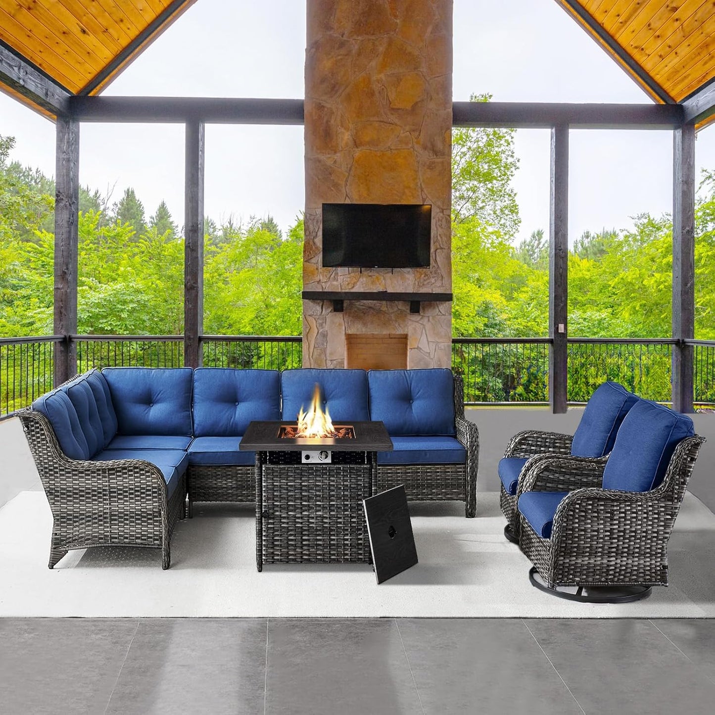 Outdoor Sectional Furniture Sofa Set with Propane Fire Pit Table, Wicker Patio Conversation Set with 2 Swivel Rocker Glider Chairs Blue Cushion Perfect for Backyard Casual Gathering