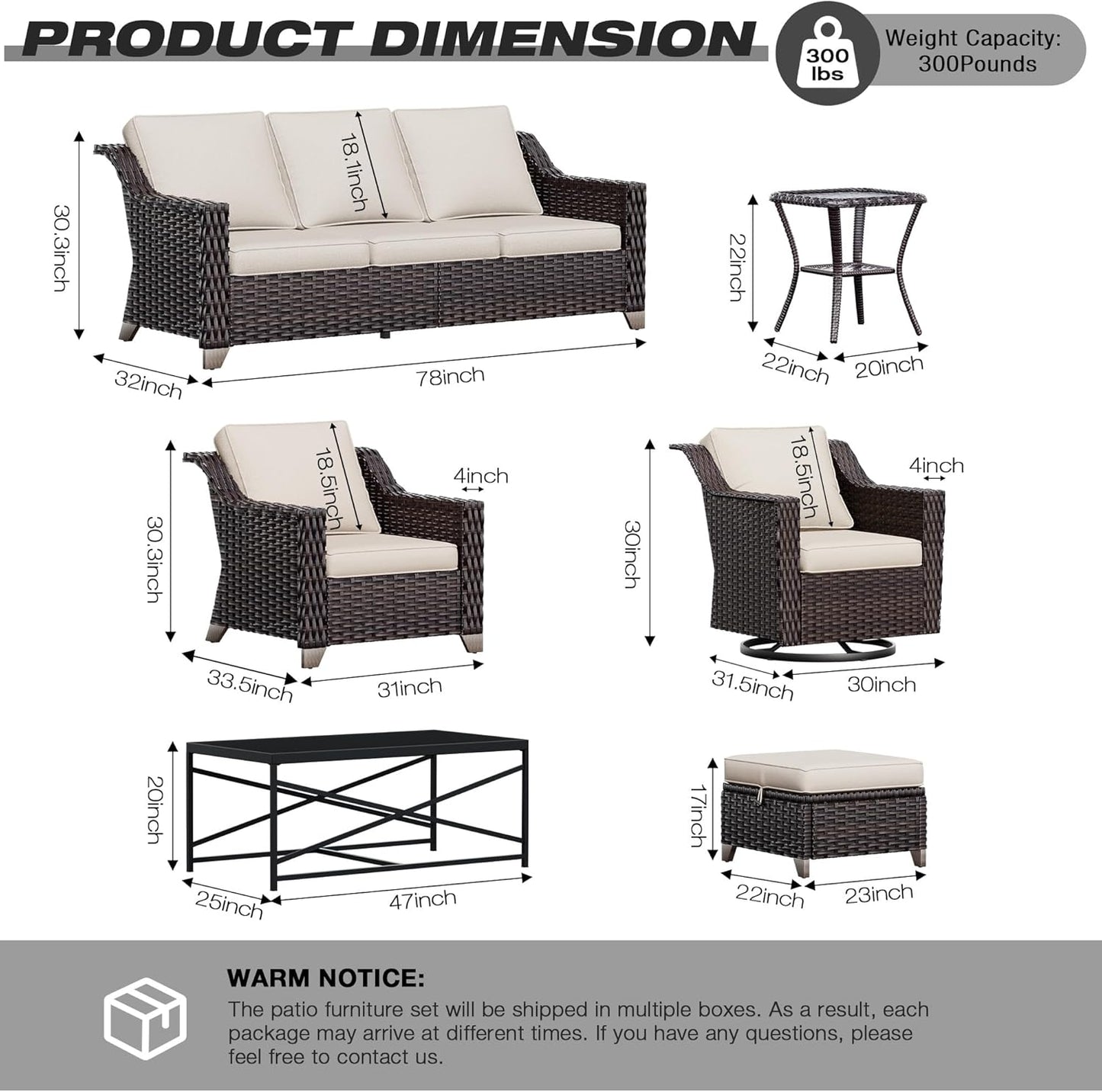 Joyside Wicker Patio Furniture Sets, 5 Pieces Upgraded Large Size Outdoor Furniture with Swivel Rocking Patio Chairs, Outdoor Ottoman and Side Table, Thick Cushions, Wide Armrest