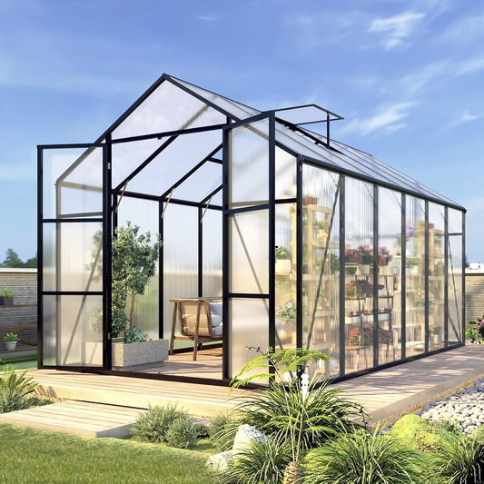 10 * 12 * 8.7FT Greenhouse for Outdoors,Polycarbonate Greenhouse with Stronger Wind Protection and Roof Vent,Walk-in Large Aluminum Sunroom Winter Proof,Black