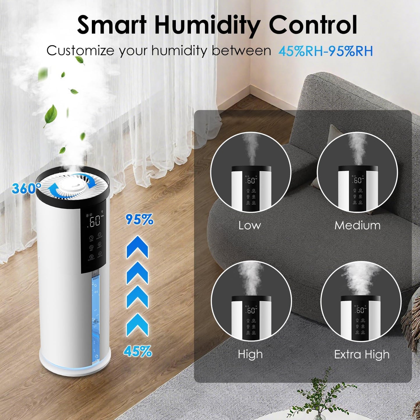 Humidifiers for Bedroom - GloryAir 2.11Gal (8L) Quiet Top Fill Cool & Warm Mist Humidifier Large Room 650 ft² with Humidistat, diffuser, Auto Mode, 7-Color Light for Plants, Baby,Adults, Office & Home