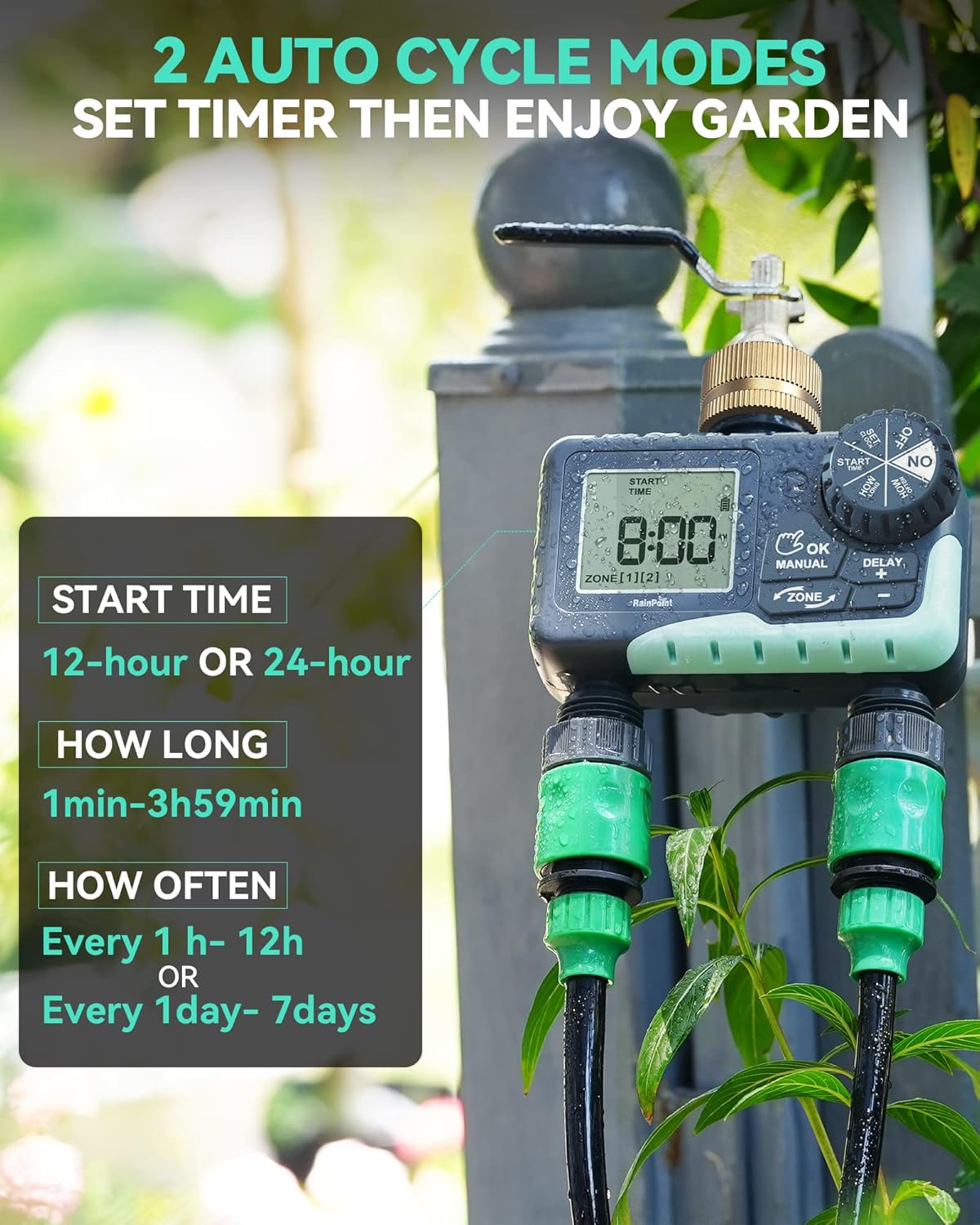 RAINPOINT 2 Zone Sprinkler Timer with Brass Swivel - 2pcs Water Timer for Garden Hose with Rain Delay/Manual Watering/Automatic Irrigation System - Programmable Faucet Timer for Yard Lawn