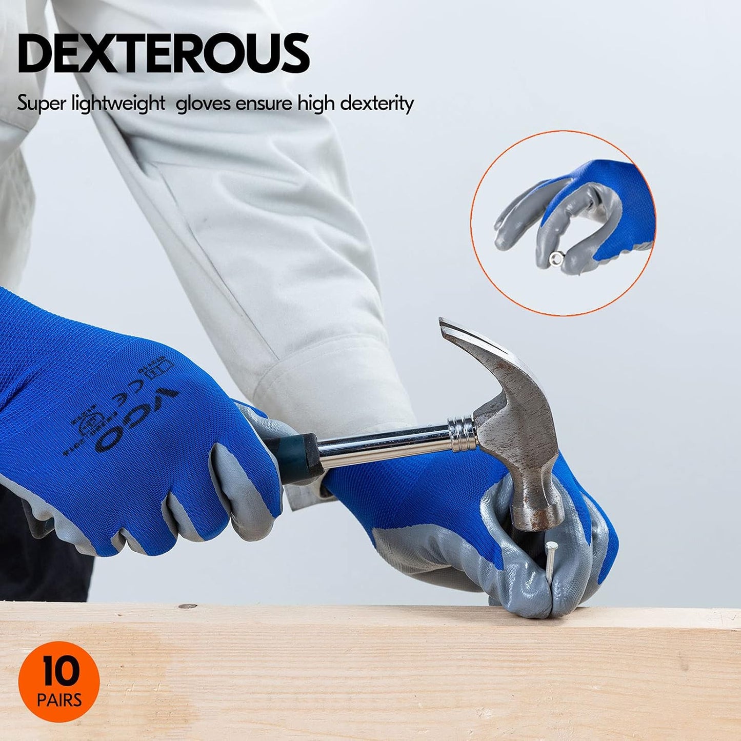 Vgo... 10-Pairs Safety Work Gloves, Gardening Gloves, Non-slip Nitrile coating, Dipping Gloves (Size M, Blue, NT2110)