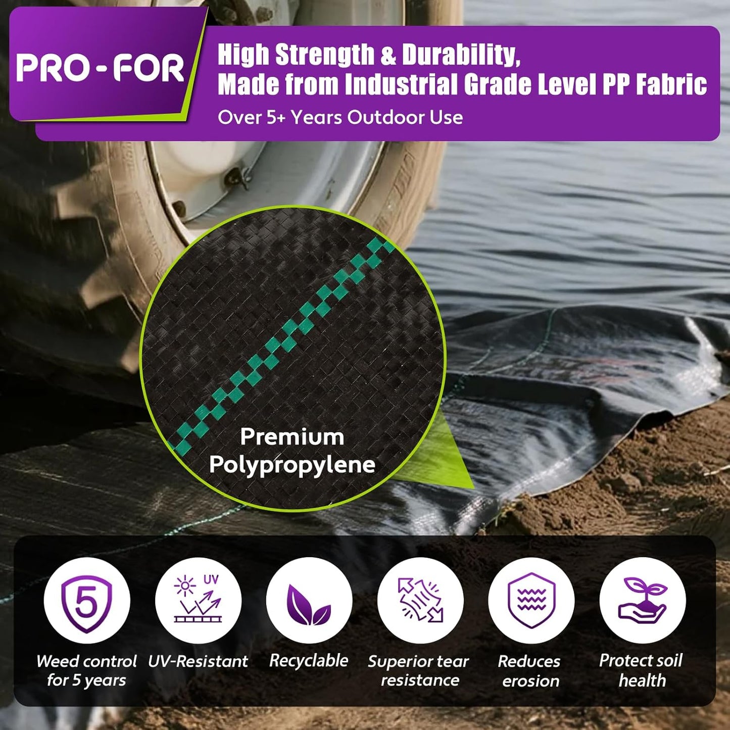Heavy Duty Weed Barrier Fabric 3ft x 50ft, Landscape Ground Cover for Gardens & Driveways, Premium Weed Control with 10 U Shaped Staples