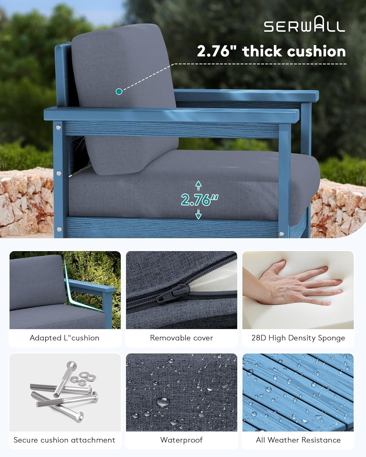 SERWALL 4 Pieces HDPE Outdoor Sofa Set with Cushion, All Weather Use Conversation Couch Set, Outdoor Loveseat Social Furniture with Coffee Table and Cushions, Blue Frame with Grey Cushions