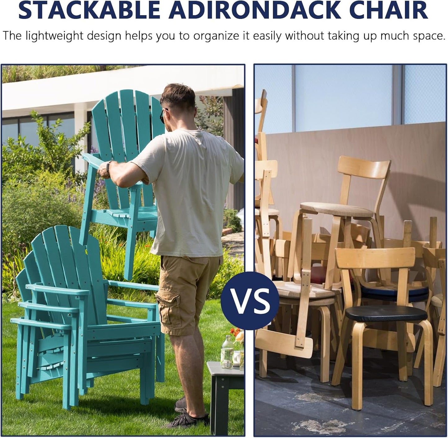 Stackable Adirondack Chair Set of 4, HDPE Outdoor Patio Chair - Durable and Space Saving, Suitable for Porches, Lawns or Garden, Aruba