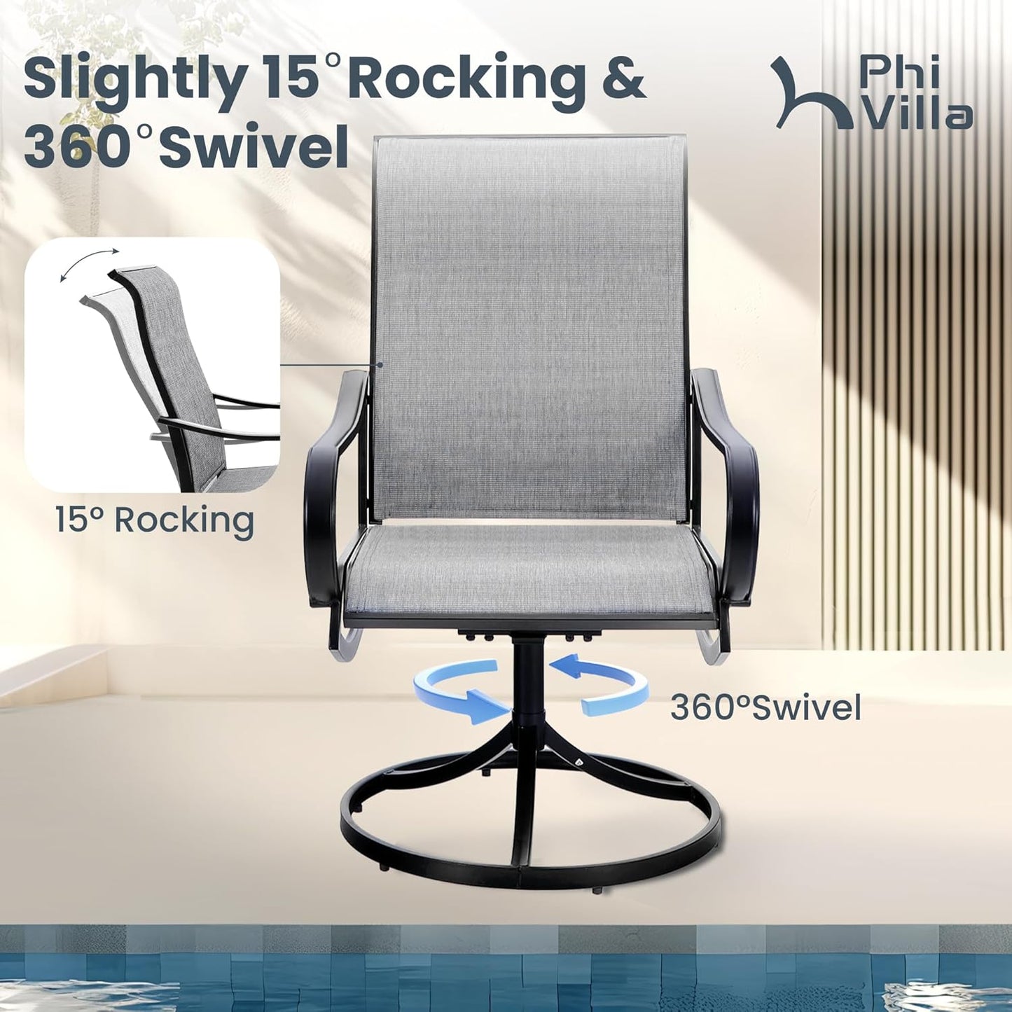 PHI VILLA 9 Piece Outdoor Patio Dining Set, Large Square Metal Dining Table and 8 Outdoor Swivel Dining Chairs, Patio Table and Gray Chair Furniture Dining Set for 8 Person