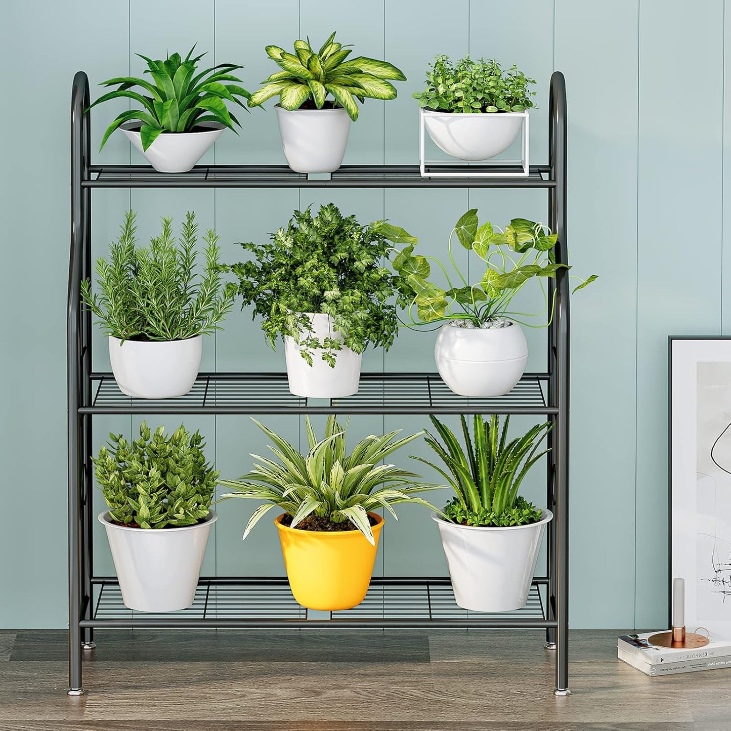 SORCEDAS Plant Stand Indoor Outdoor Plant Shelf 3 Tier Metal Corner Flower Stand Multiple Holder for Patio Garden Balcony Living Room, Dark Grey