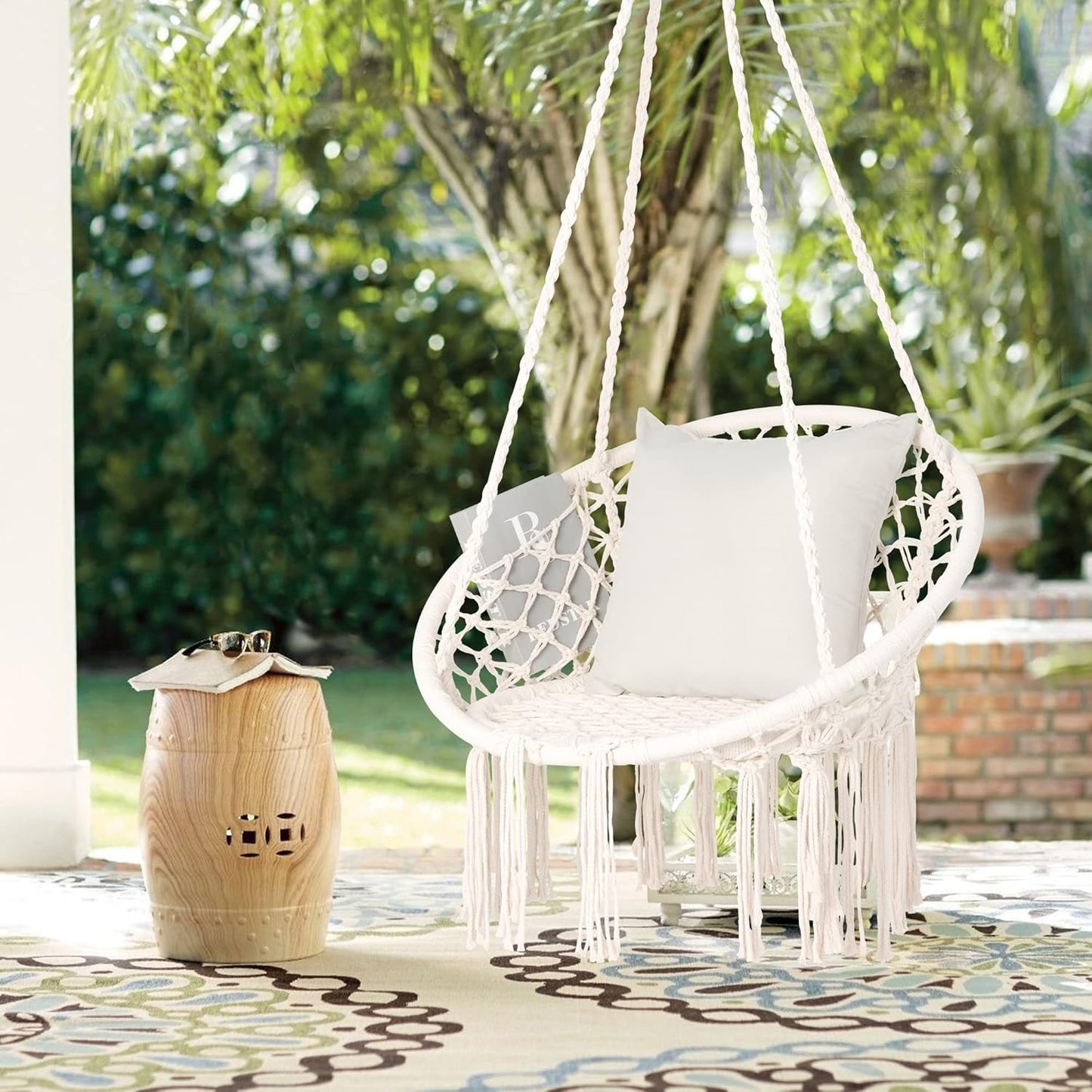 SUNCREAT Hammock Chair Macrame Swing with Side Pocket, Hanging Cotton Rope Hammock Swing Chair for Indoor and Outdoor Use, 330 lbs Capacity, Pack of 2, Beige