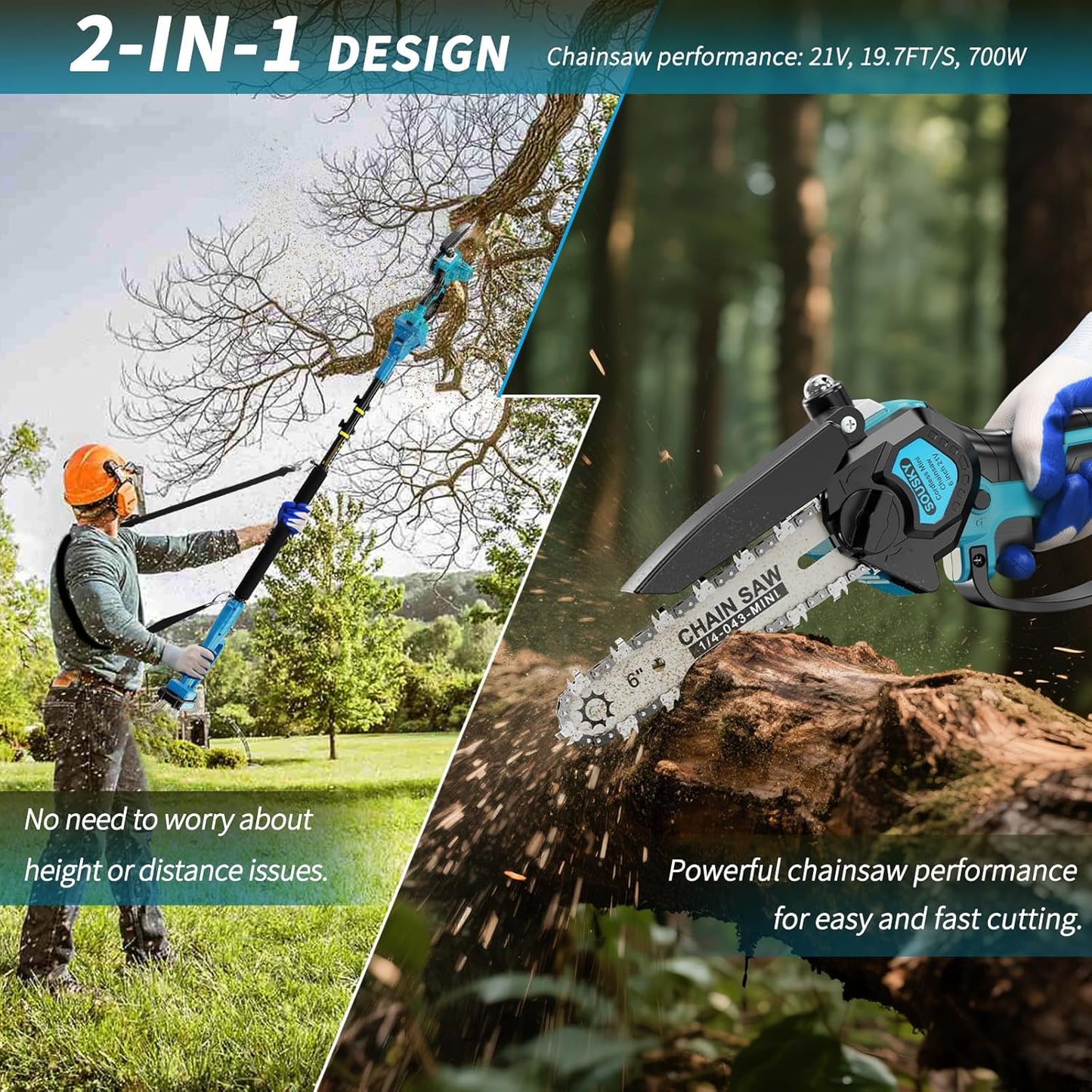 2-in-1 6 In Mini Chainsaw & Electric Pole Saw, Electric Pole Saws for Tree Trimming, 21V Cordless Battery Chainsaw Powered with 2 Batteries, Auto-oil, Chain saw for Tree Pruning/Wood Cutting