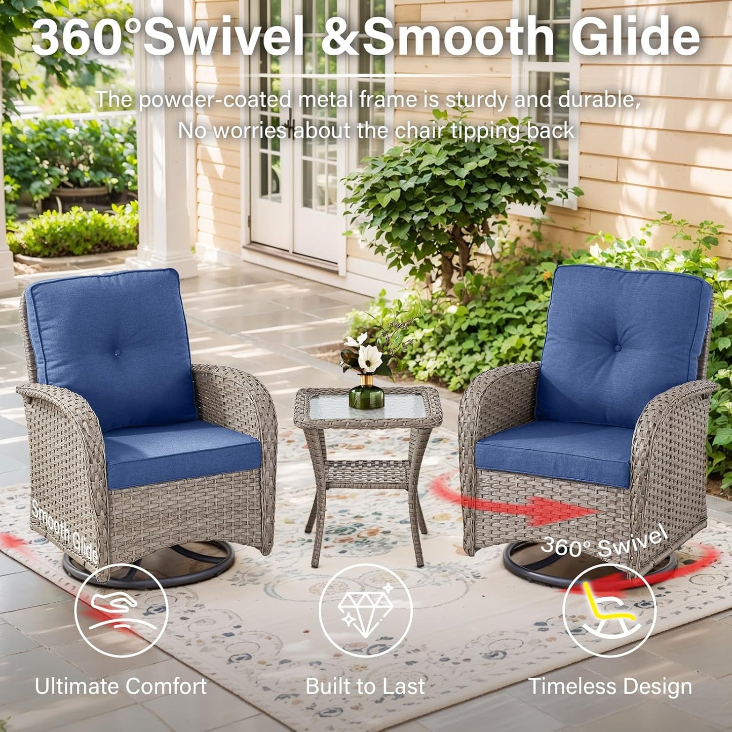 5 Piece Outdoor Patio Furniture Set with Deep Seating Swivel Rocker Chairs Loveseat and Rattan Coffee Table Outdoor Conversation Sets for Deck Backyard Poolside,Gray Wicker