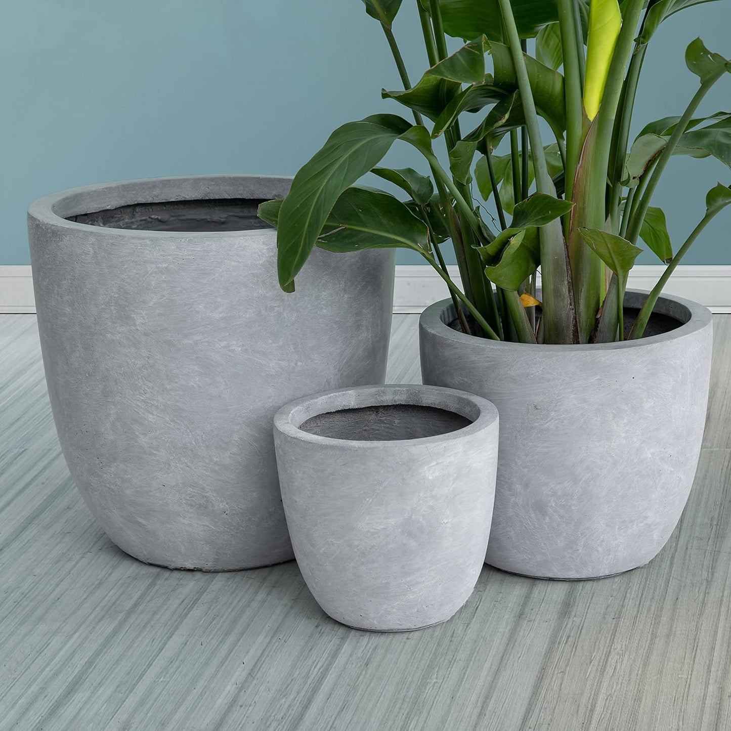 Kante 18",14",10" Dia Concrete Round Planters (Set of 3), Outdoor Indoor Large Planter Pots with Drainage Hole and Rubber Plug for Home Patio Garden, Gray