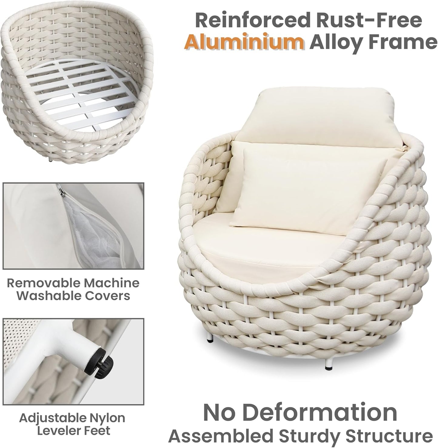 Woven Rope Patio Chair and Table Set: 2 Pieces Aluminum Front Porch Furniture Set - Assembled Outdoor Deck Lounge Armchair Set Cushioned - for 400 lbs Balcony Pool Yard Garden Hotel Lanai, Beige