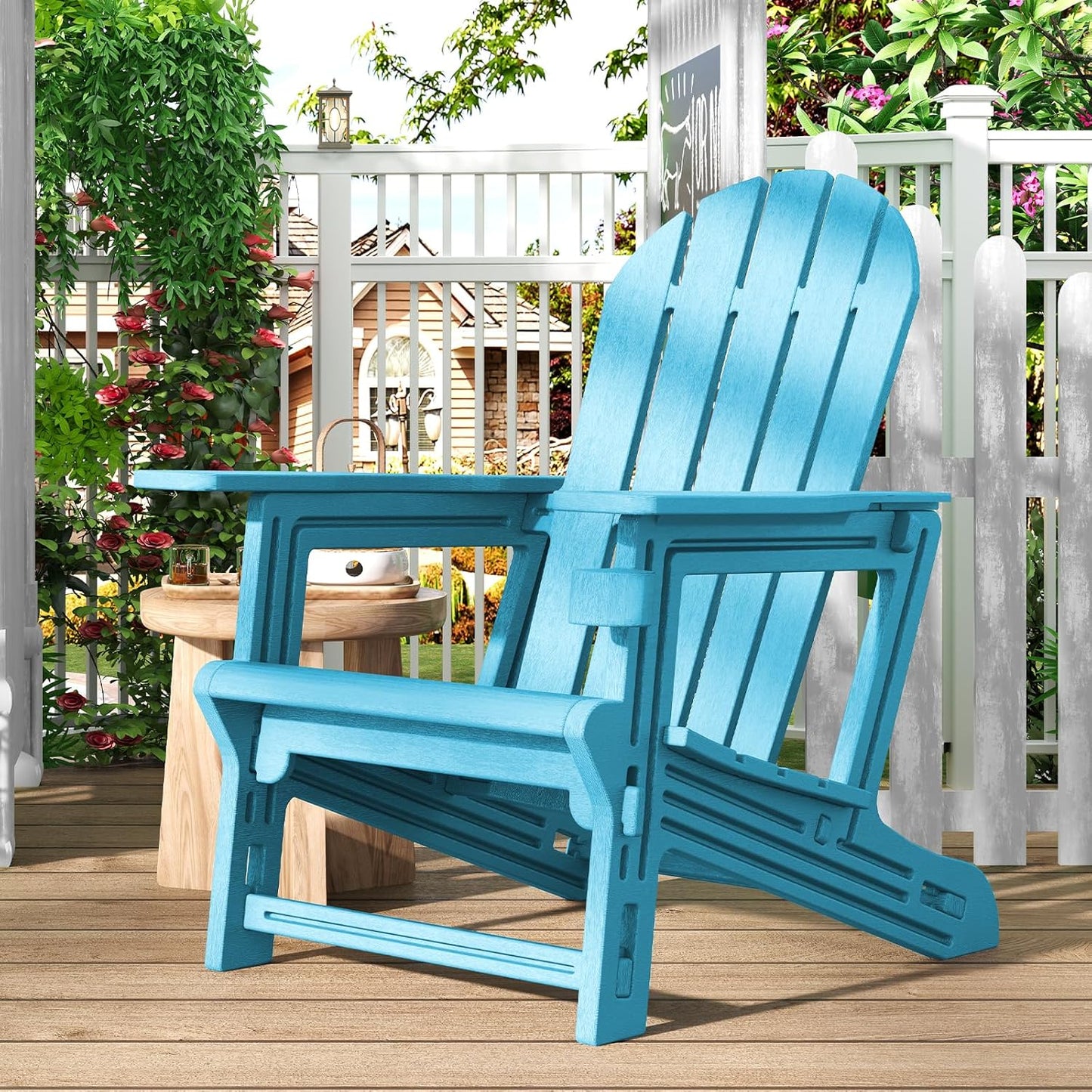 Adirondack Chairs Set of 2, Tool-Free Assembly All-Weather Plastic Adirondack Chairs, HDPE Fire Pit Chairs with Cup Holder, Outdoor Chair for Patio Garden（Lake Blue）