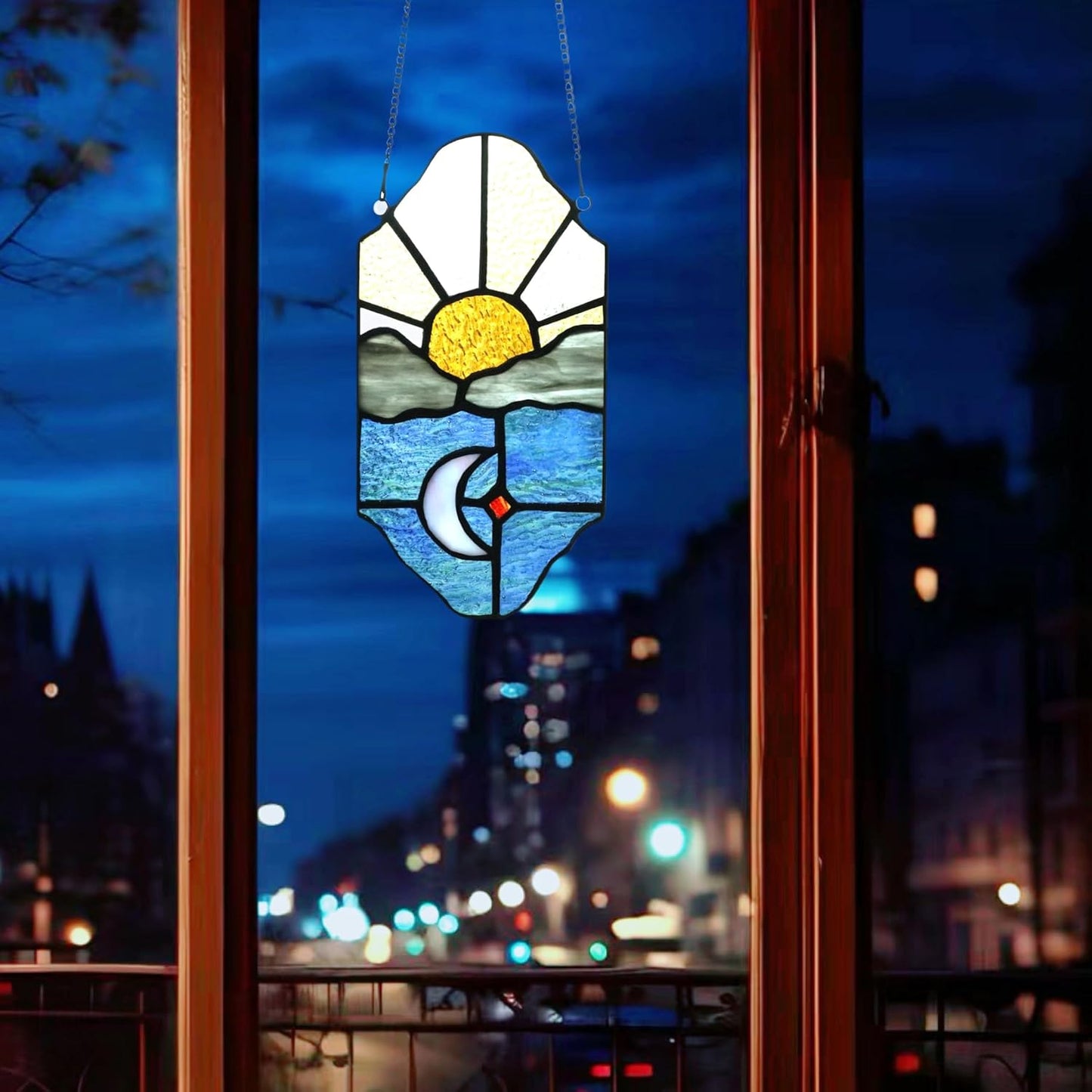 Sun and Moon Suncatchers Decor Stained Glass for Window Hangings,Handcrafted Tiffany Style Stained Glass Art Sun and Moon in The Sky for Living Room Bedroom Balcony (Blue&Yellow)