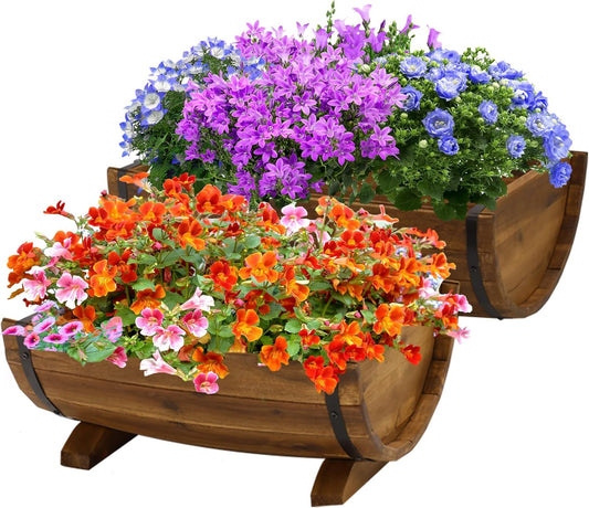 IDZO Solid Acacia Wood Half Barrel Planters Outdoor Set of 2 Different Sizes, Wooden Planters for Outdoor Plants with Metal Bands & Drainage Holes, Legs Included, Brown