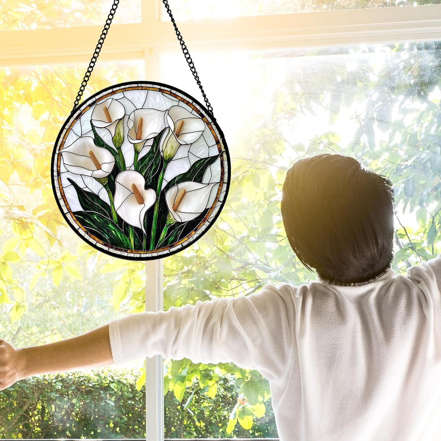 Stained Glass Window Hanging, White Calla Lily Flowers Sun Catchers Glass Panel Plant Suncatcher Decor for Birthday for Women, Men, Wife, Aunt, and Mom 11.8x11.8 in