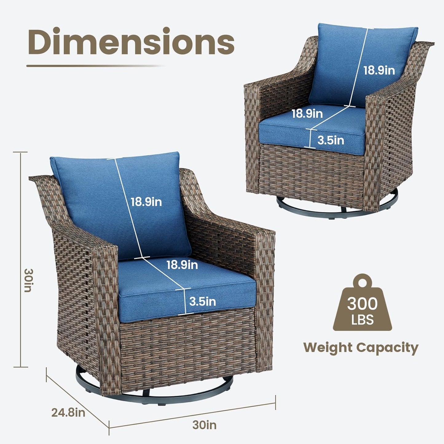 Outdoor Patio Wicker Swivel Chairs - Set of 4 Outside Rattan Rocker Glider Chair Rocking Armchairs for Front Porch Balcony Backyard Yard Deck Poolside Apartment – Brown/Blue
