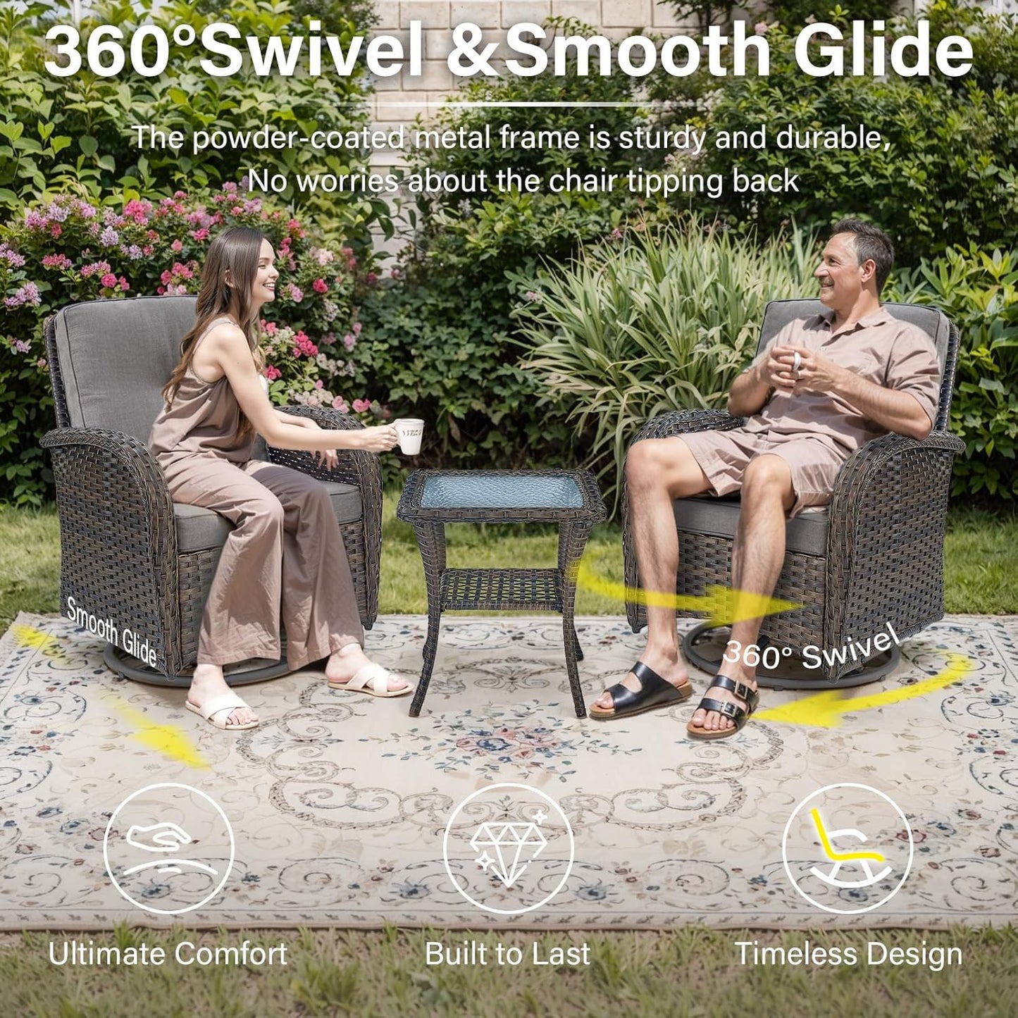 Outdoor Furniture Set - 6 Pieces Patio Conversation Sectional Sofa Set with Swivel Rocker Outdoor Chairs Set of 2 and Wicker Coffee Table for Deck Backyard Sunroom Brown