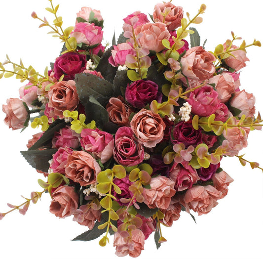 Duovlo 7 Branch 21 Mini Rose Heads Artificial Flowers Bouquet Wedding Home Office Decor,Pack of 4 (Rose Red)