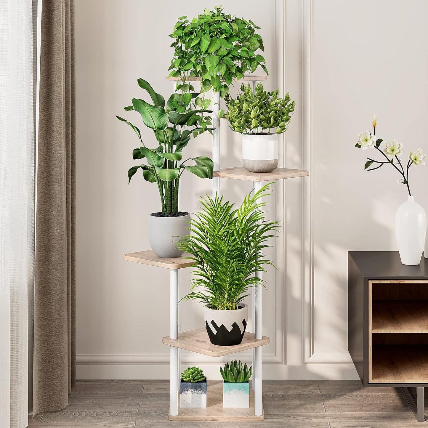 AZERPIAN Plant Stand 5 Tier Indoor Metal Flower Shelf for Multiple Plants Corner Tall Flower Holders for Patio Garden Living Room Balcony Bedroom, Black (5 Tier-White)