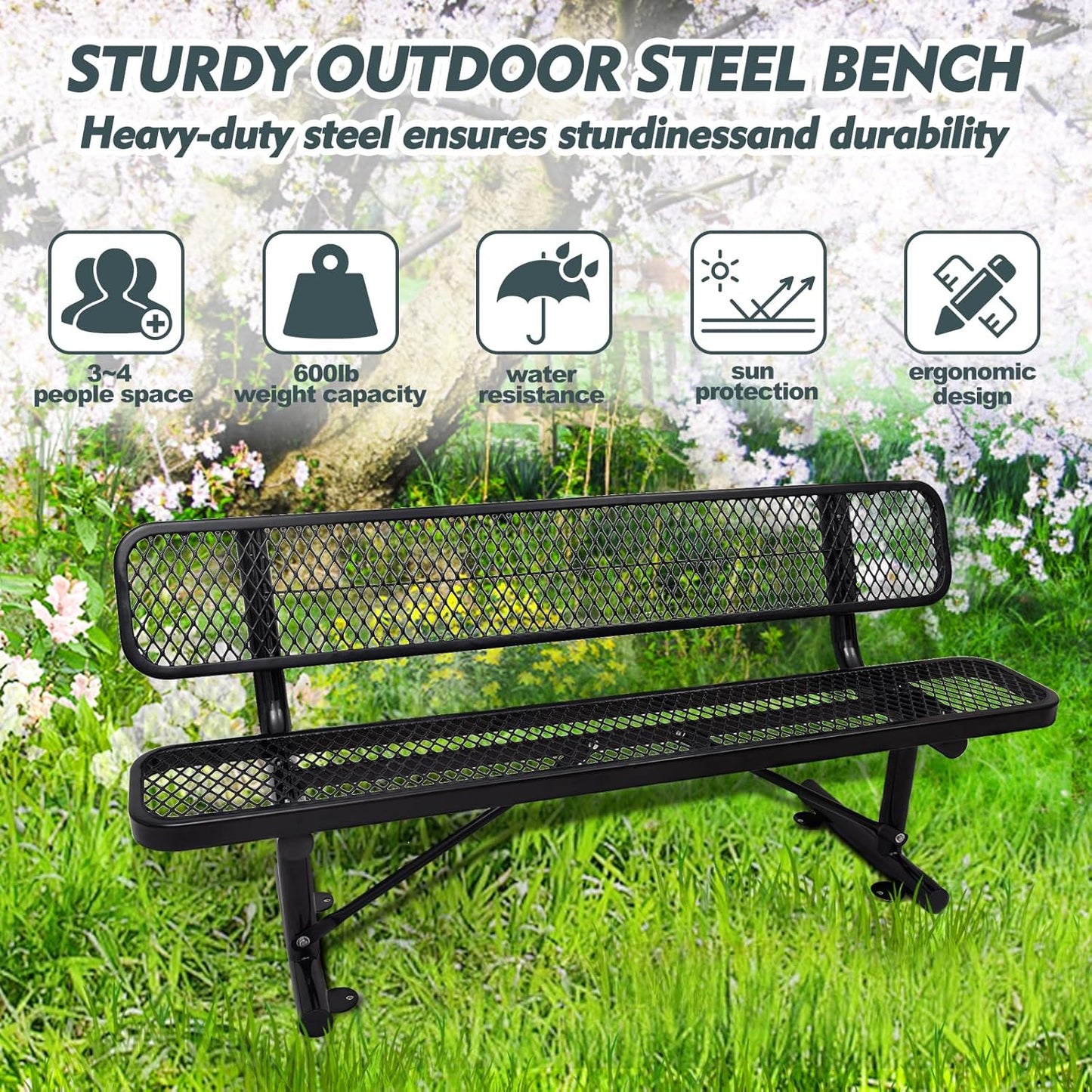 Heavy-Duty Park Bench or Table for Outside - Black Coated Outdoor Furniture Steel Bench, Commercial-Grade Outdoor Benches Weatherproof for Park, Patio, Porch (Black, 6FT (with Backrest))