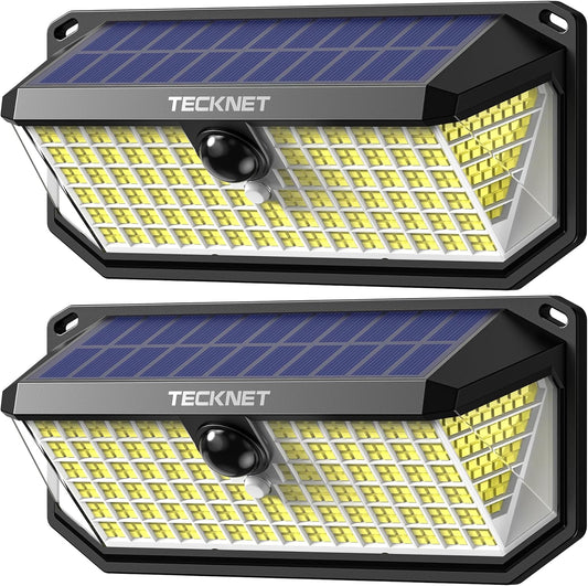 TECKNET 416 LED Solar Lights Outdoor Waterproof, 300° Angle & 3 Lighting Modes Motion Sensor Outdoor Lights, 2 Pack Security Solar Flood Lights IP66 for Fence Front Door Yard Deck Garden Garage