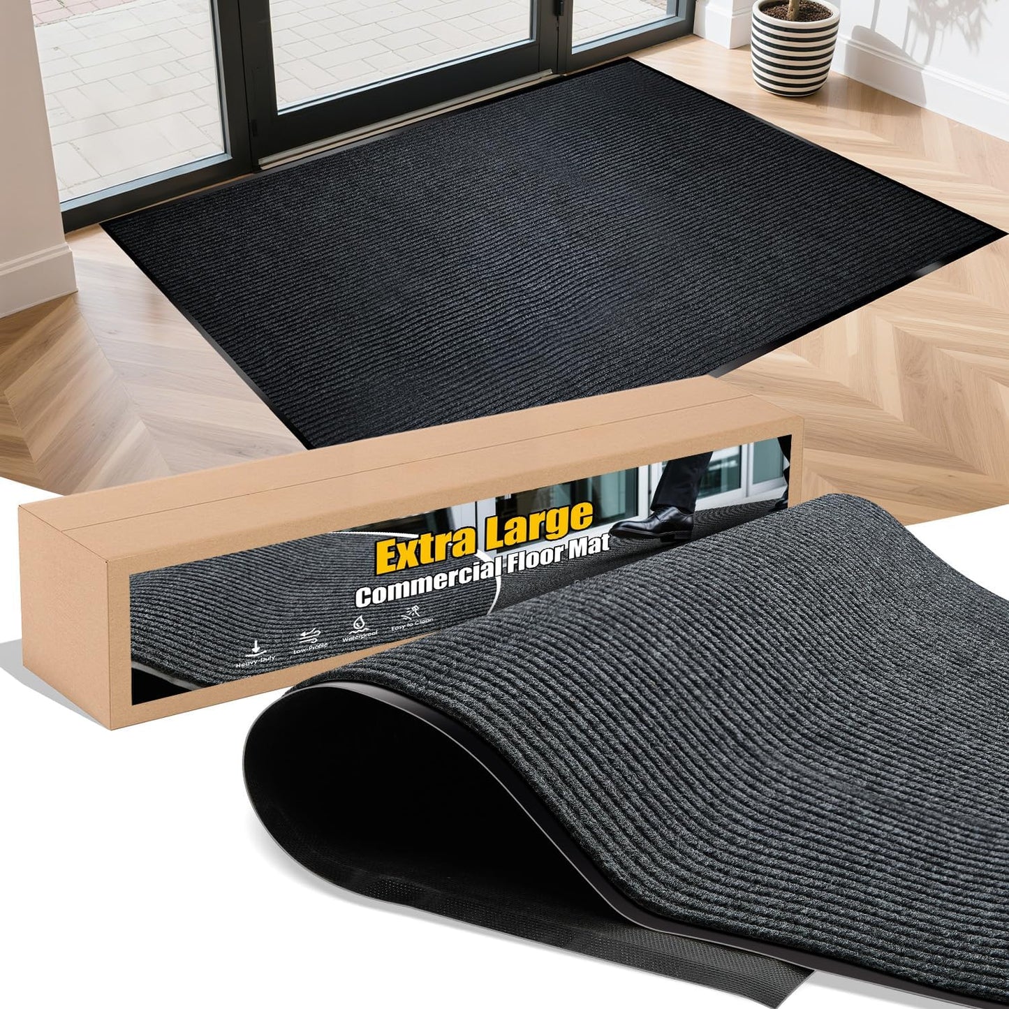 Extra Large Indoor/Outdoor Entrance Mat - 3 x 5 Feet, Rubber Border Door Mat Heavy Duty, Waterproof, Low-Profile, Easy to Clean, Rubber Entry Mat,Commercial Floor Mat, Charcoal Grey