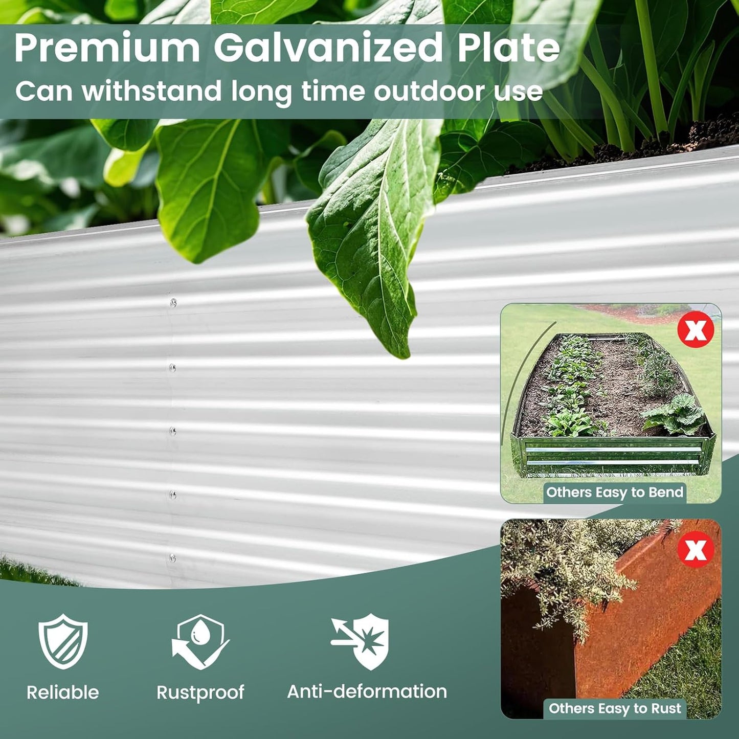 Rectangular Raised Garden Bed, Galvanized Garden Planter with Open Bottom, Sprayed Plate & Corner Protectors, Outdoor Metal Planter Box for Vegetables, Flowers & Herbs (Sliver)