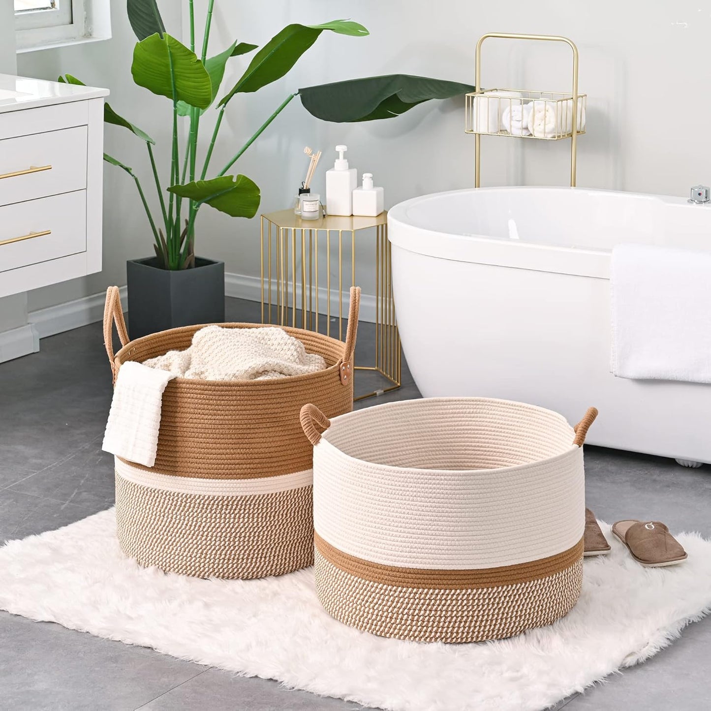 KAKAMAY Large Blanket Basket (20"x13"),Woven Baskets for storage Baby Laundry Hamper, Cotton Rope Blanket Basket for Living Room, Laundry, Nursery, Pillows, Baby Toy chest (White/Brown)