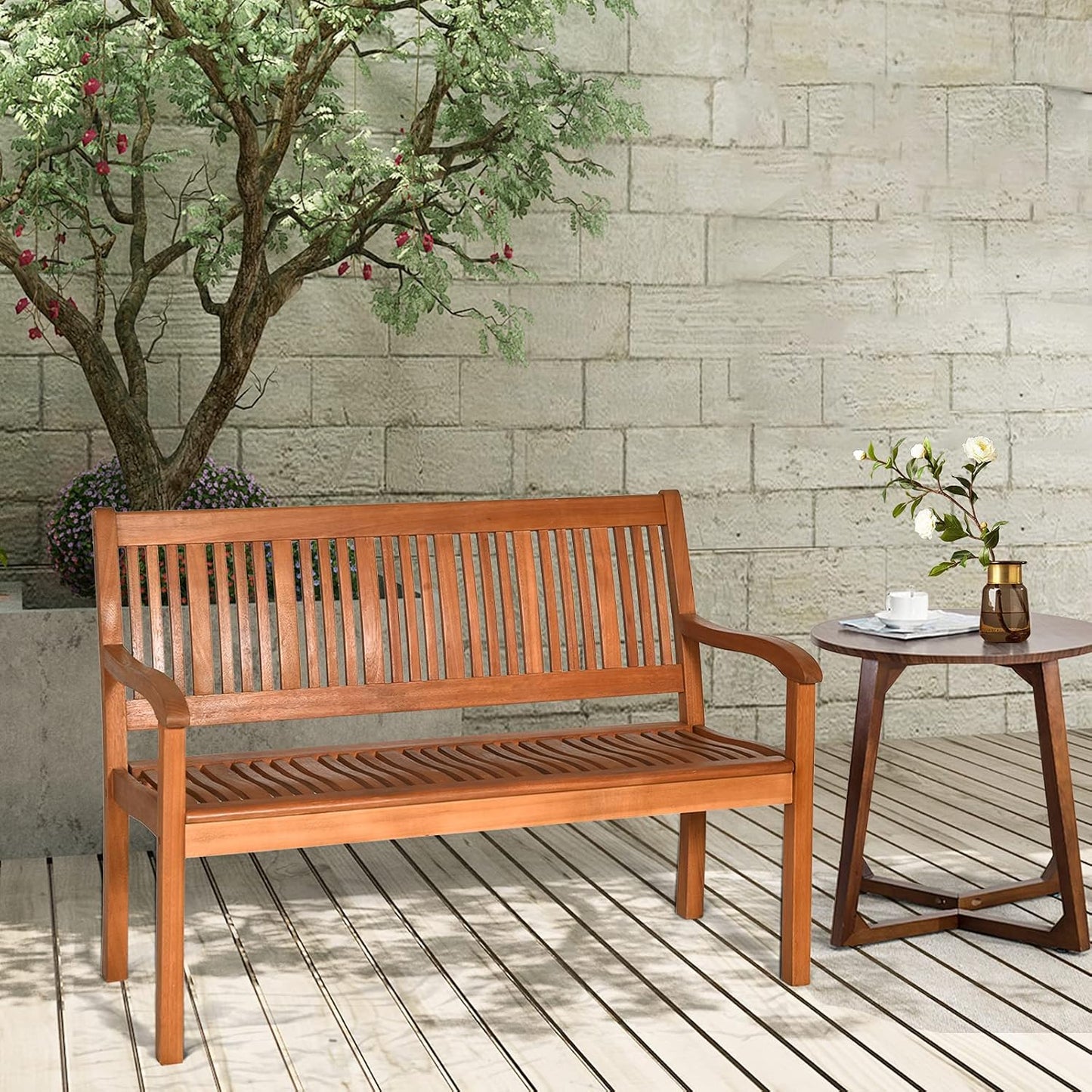 COSTWAY Wooden Bench Outdoor, Curved Armrest & Backrest, Sturdy Outdoor Wood Bench for Garden, Park & Porch, 25" D x 50" W x 36" H, Teak Colored