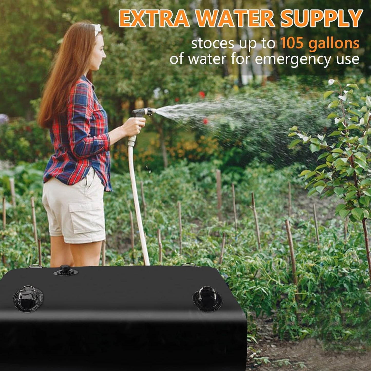 Portable Water Tank, 105 Gallon Foldable PVC Rectangular Black Water Storage Bladder with 3/4" Spigot and Hose Kit for Camping, Garden, Emergency Use