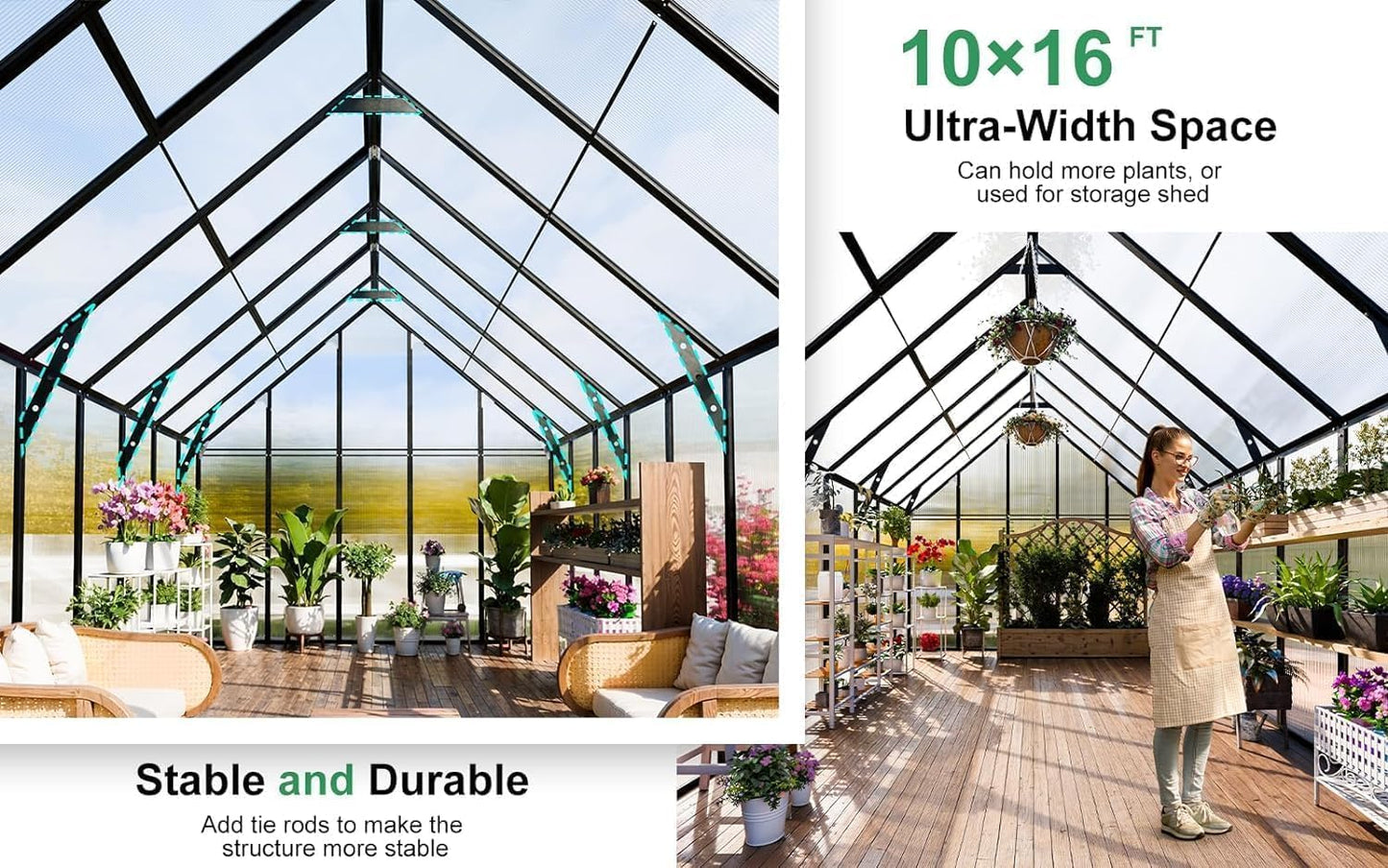 CDCASA 16.5x10.2x10 FT Greenhouse for Outdoors,Easy Assembly Large Polycarbonate Greenhouse Aluminum Greenhouses w/3 Vents Window, Swing Door, Walk-in Green House for Patio, Backyard, Garden, Black