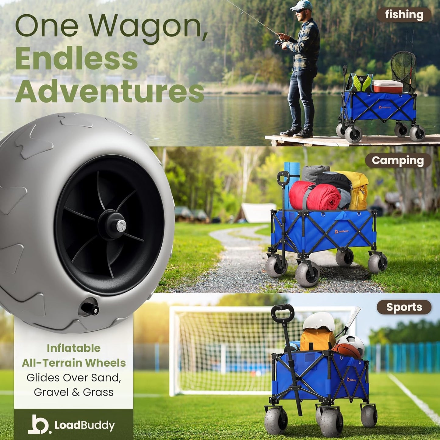 Beach Wagon with 9" Balloon Wheels & Fishing Rod Holders – Foldable Cart for Sand with Inflatable Tires, Bonus Pump & Spare – Heavy Duty Utility Wagon - Gray/Orange