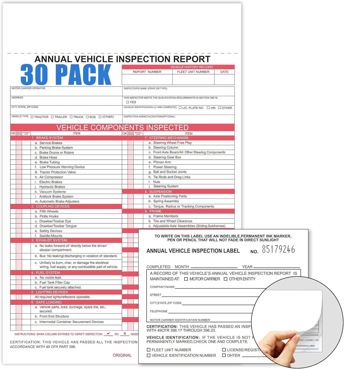 30-Pack Annual Vehicle Inspection Report Form & Adhesive Vinyl Label 2-Ply,3-Ply Carbonless Form DOT Compliant